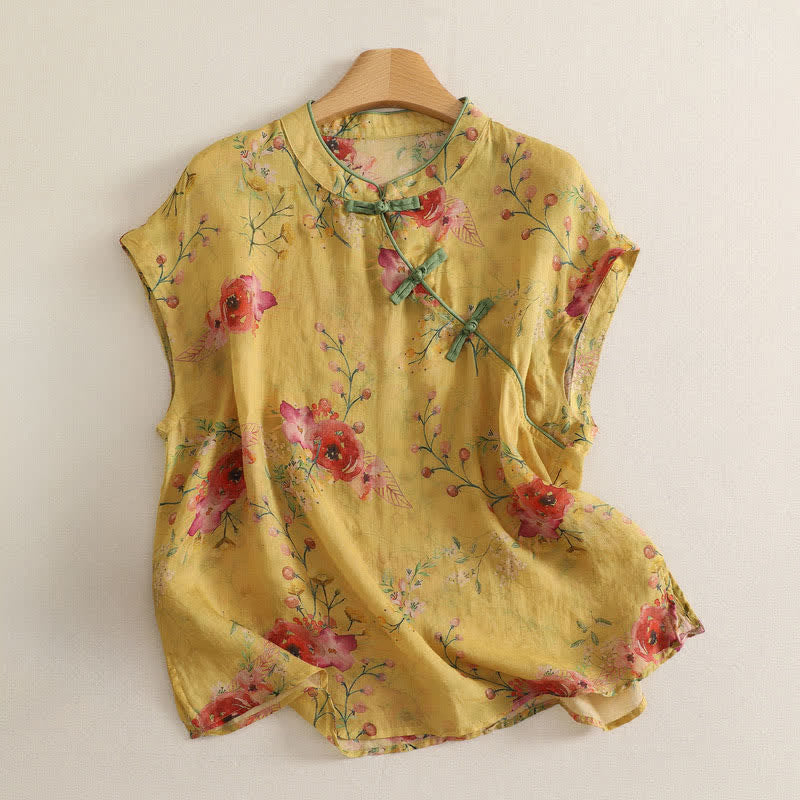 Buddha Stones Zomerse vintage Tang-stijl tanktop met kikkerknopen en rode bloemenprint, Mouwloos Overhemden - Khaki - US12, UK/AU16, EU44 (2XL) - image 0