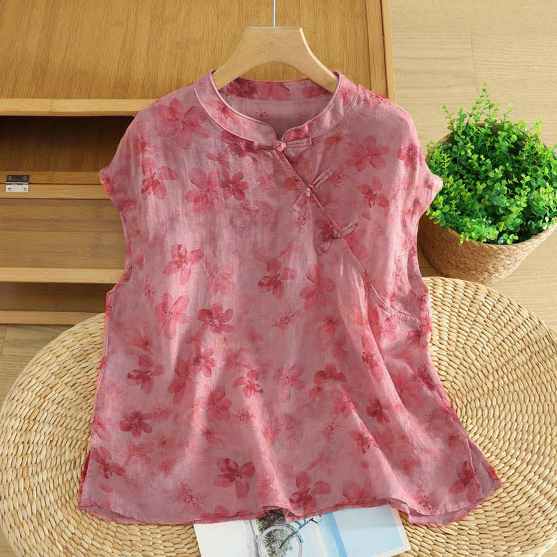 Buddha Stones Zomerse Tang-stijl casual tanktop met Mandarin kraag en roze bloemenprint, Mouwloos Overhemden - Lichtpaarsrood - US12, UK/AU16, EU44 (2XL) - image 0