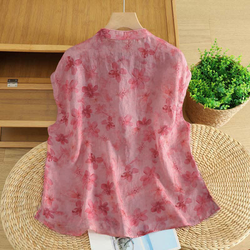 Buddha Stones Zomerse Tang-stijl casual tanktop met Mandarin kraag en roze bloemenprint, Mouwloos Overhemden - image 1