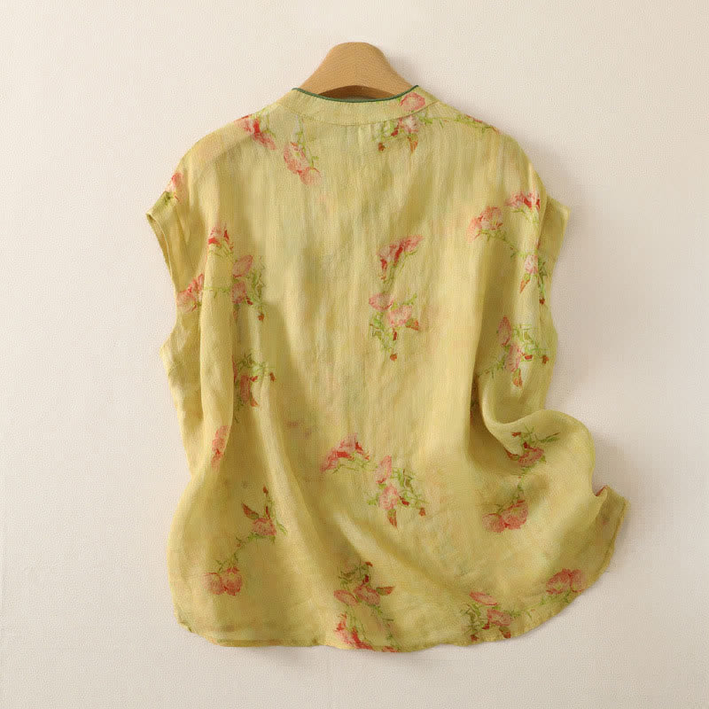 Buddha Stones Zomerse Tang-stijl vintage tanktop met Mandarin kraag en roze bloemen, Mouwloos Overhemden - image 1