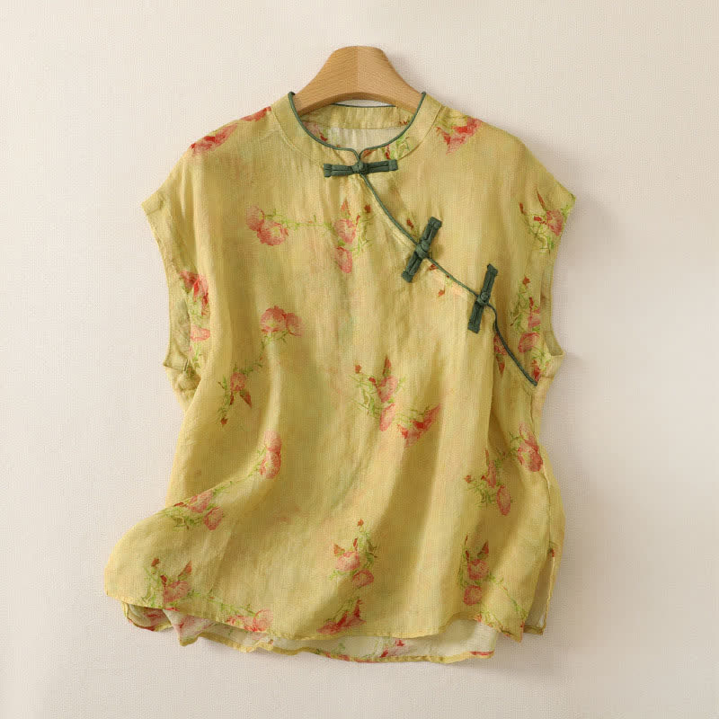 Buddha Stones Zomerse Tang-stijl vintage tanktop met Mandarin kraag en roze bloemen, Mouwloos Overhemden - Lichtgoudenroede - US4, UK/AU8, EU36 (M) - image 0