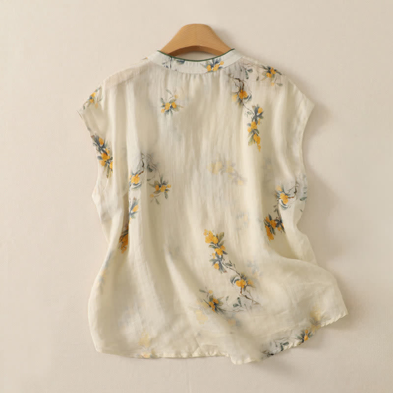Buddha Stones Zomerse Tang-stijl vintage tanktop met Mandarin kraag, gele mispelbloemenprint, Mouwloos Overhemden - image 1