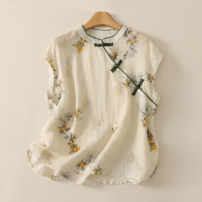Buddha Stones Zomerse Tang-stijl vintage tanktop met Mandarin kraag, gele mispelbloemenprint, Mouwloos Overhemden - Beige - Mouwloos - US12, UK/AU16, EU44 (2XL) - image 0