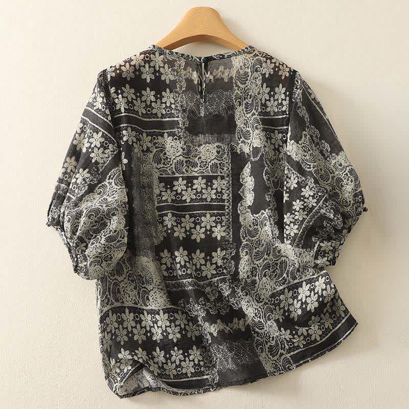 Buddha Stones Zomerse casual vintage zwarte Overhemden met bloemenpatchwork en Korte mouw - image 1