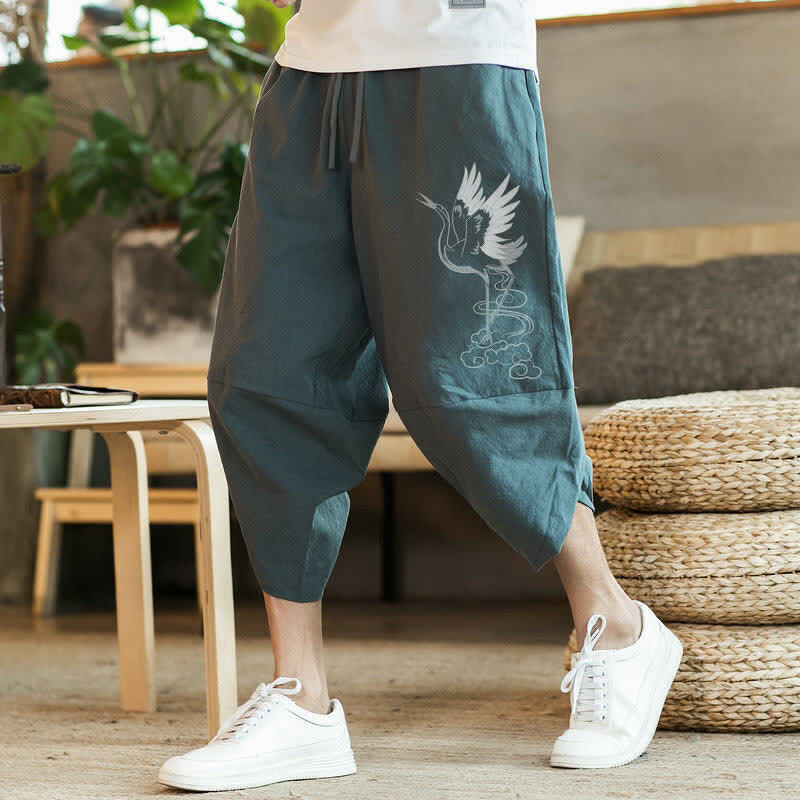 Buddha Stones Zomerse casual vintage capri broek met trekkoord en kraanvogelprint, harembroek voor heren met zakken - CadetBlue - US/UK/AU46, EU56 (5XL) - image 0