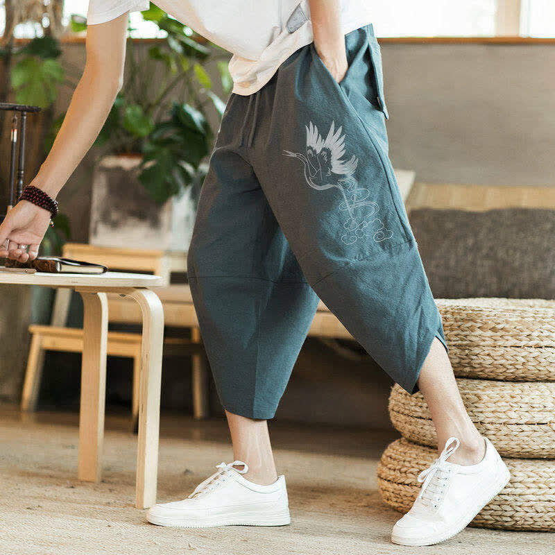 Buddha Stones Zomerse casual vintage capri broek met trekkoord en kraanvogelprint, harembroek voor heren met zakken - image 1