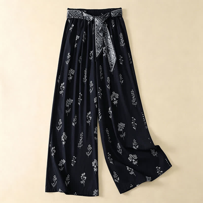 Buddha Stones Zomerse casual vintage broek met trekkoord en bloemenprint, Enkellengte broek met wijde pijpen en zakken voor dames. - Middernachtblauw - US8-10, UK/AU12-14, EU40-42 (2XL) - image 0