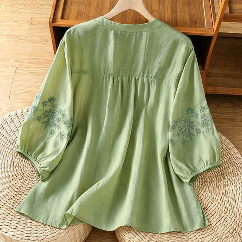 Buddha Stones Zomerse casual vintage Overhemden met bloemenborduursel en Korte mouw - image 1