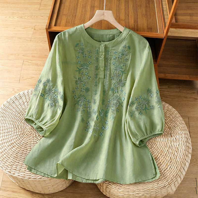 Buddha Stones Zomerse casual vintage Overhemden met bloemenborduursel en Korte mouw - Lichtgroen - US8-10, UK/AU12-14, EU40-42 (2XL) - image 0