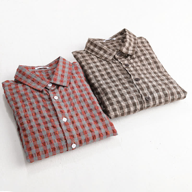 Buddha Stones Zomerse casual vintage button-up geruite Overhemden met Korte mouw - image 9