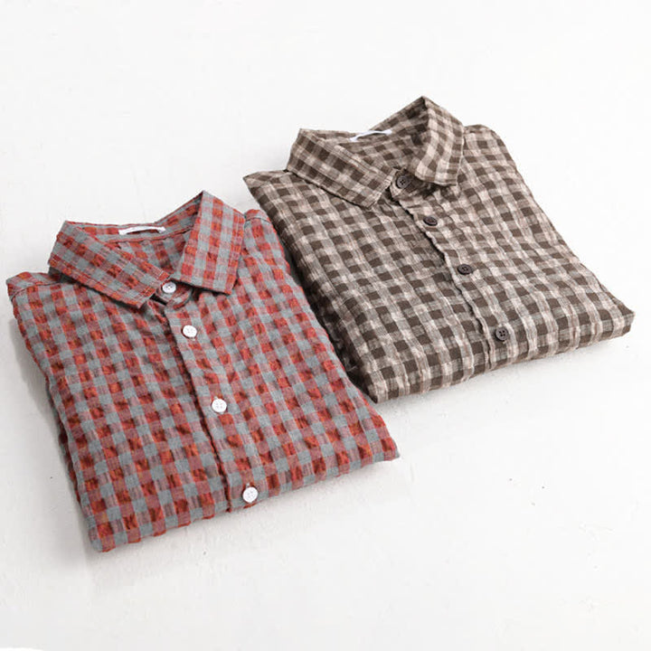 Buddha Stones Zomerse casual vintage button-up geruite Overhemden met Korte mouw - image 9