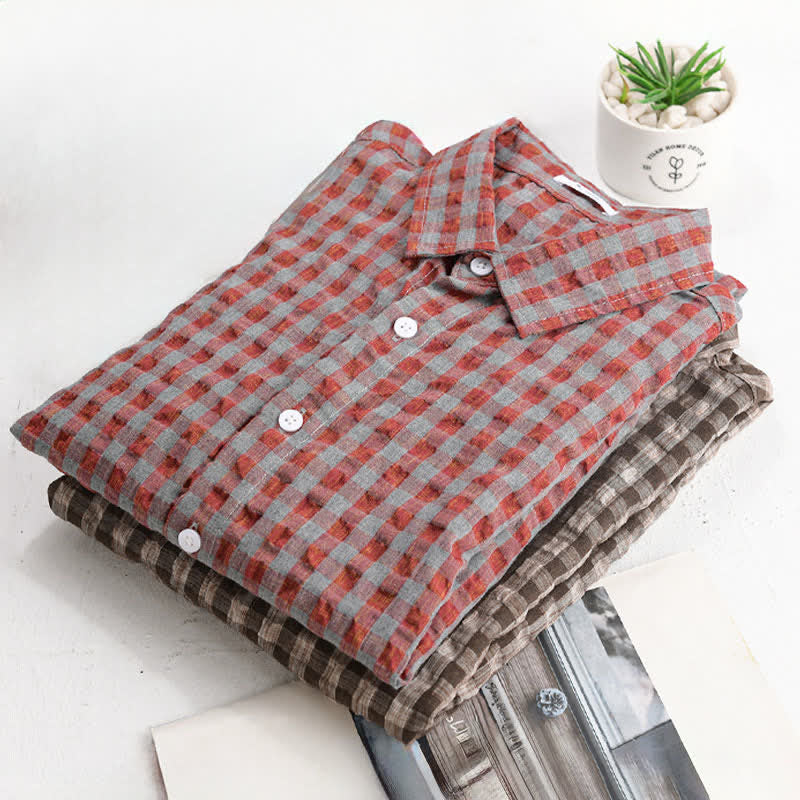 Buddha Stones Zomerse casual vintage button-up geruite Overhemden met Korte mouw - image 10