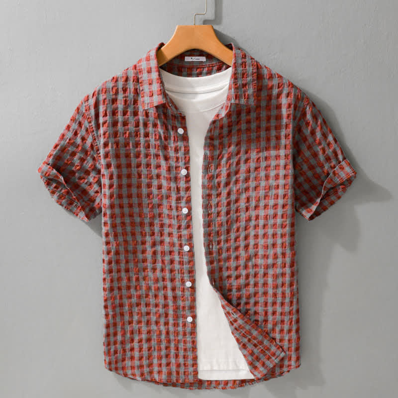 Buddha Stones Zomerse casual vintage button-up geruite Overhemden met Korte mouw - Indisch Rood - US/UK/AU42, EU52 (3XL) - image 3