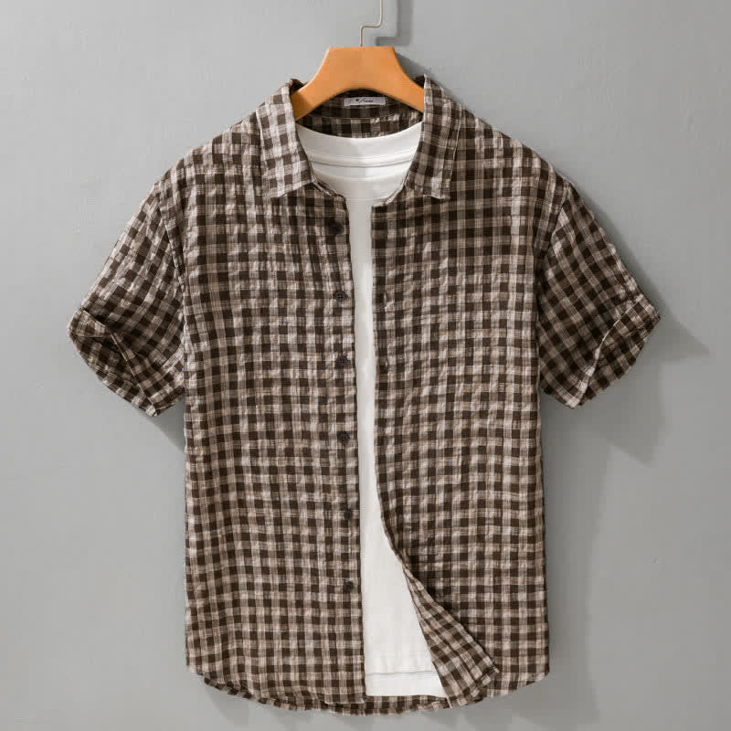 Buddha Stones Zomerse casual vintage button-up geruite Overhemden met Korte mouw - Zadelbruin - US/UK/AU42, EU52 (3XL) - image 0