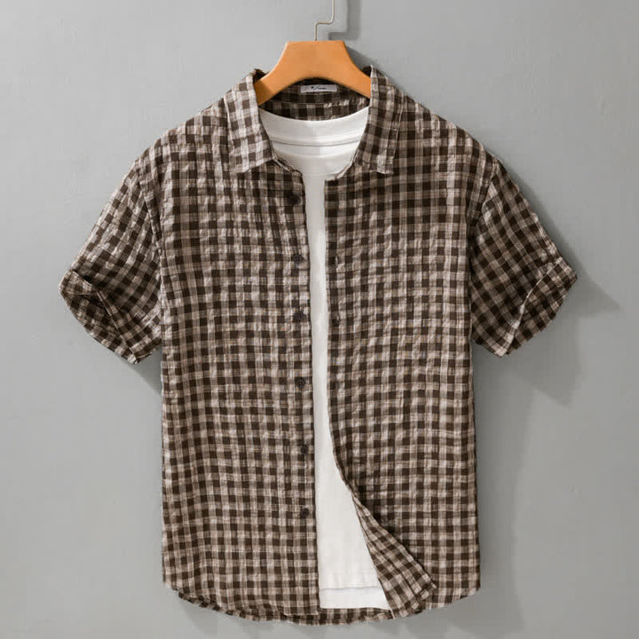 Buddha Stones Zomerse casual vintage button-up geruite Overhemden met Korte mouw - Zadelbruin - US/UK/AU42, EU52 (3XL) - image 0