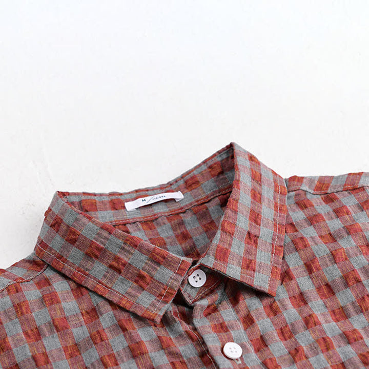 Buddha Stones Zomerse casual vintage button-up geruite Overhemden met Korte mouw - image 6