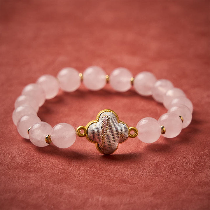 Buddha Stones Rozenkwarts Lied Brokaat Vierbladige Klaver Zegen Handgemaakte Armband - Rozenkwarts (zelfde kleurtint – patroon varieert) - image 0