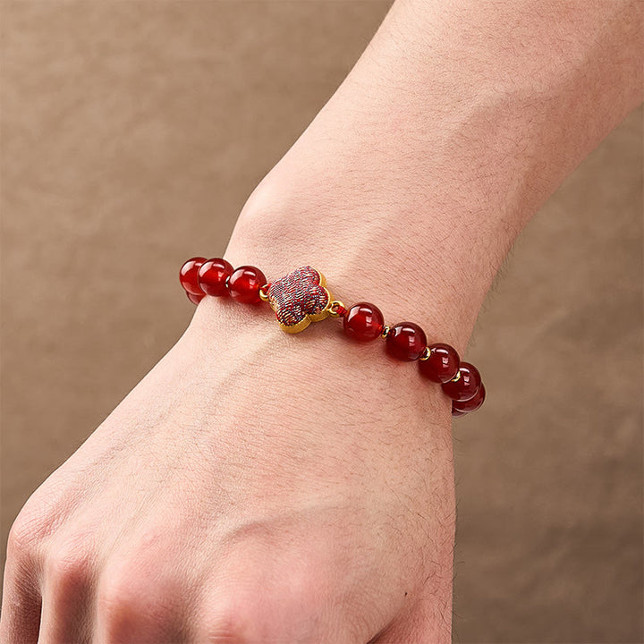 Buddha Stones Armband met bedeltje van rode agaat brokaat klavertje vier - image 5