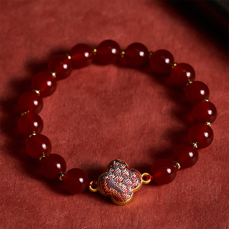 Buddha Stones Armband met bedeltje van rode agaat brokaat klavertje vier - image 2