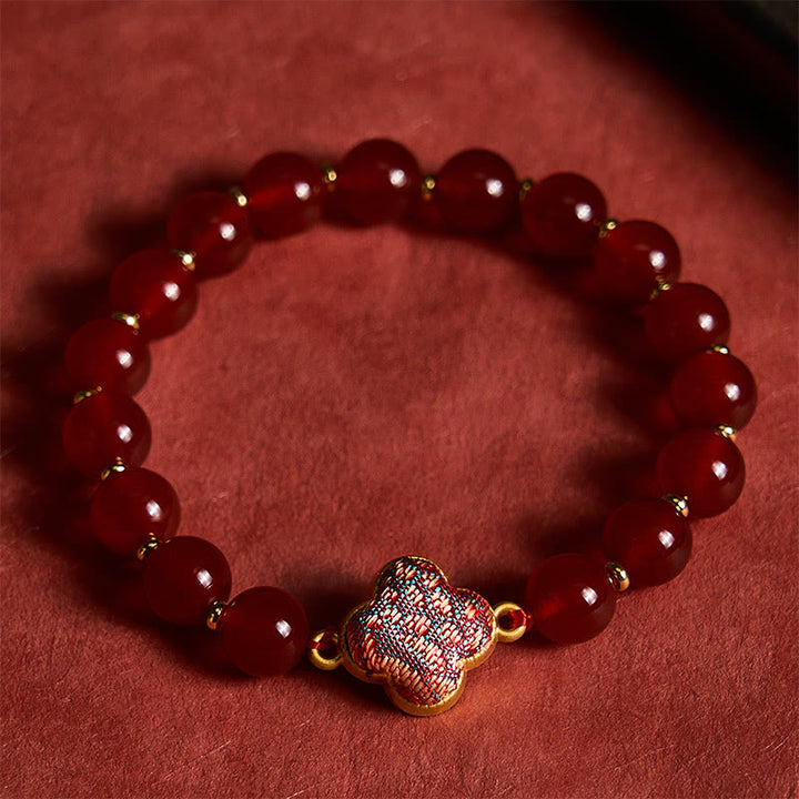Buddha Stones Armband met bedeltje van rode agaat brokaat klavertje vier - image 2