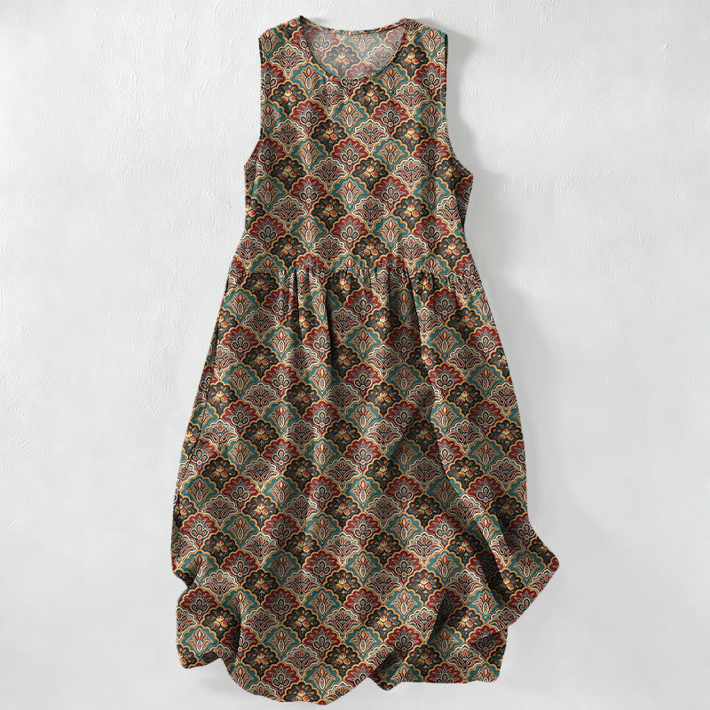Buddha Stones Zomerse casual vintage Perzische bloemenprint Mouwloos Midi -jurk voor dames met Zakken - Sienna - US16, UK/AU20, EU48 (3XL) - image 0