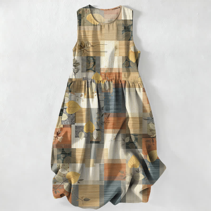 Buddha Stones Zomerse casual patchwork Midi -jurk met blad- en geometrisch patroon, Mouwloos en met Zakken voor dames. - Bruinen - US16, UK/AU20, EU48 (3XL) - image 0