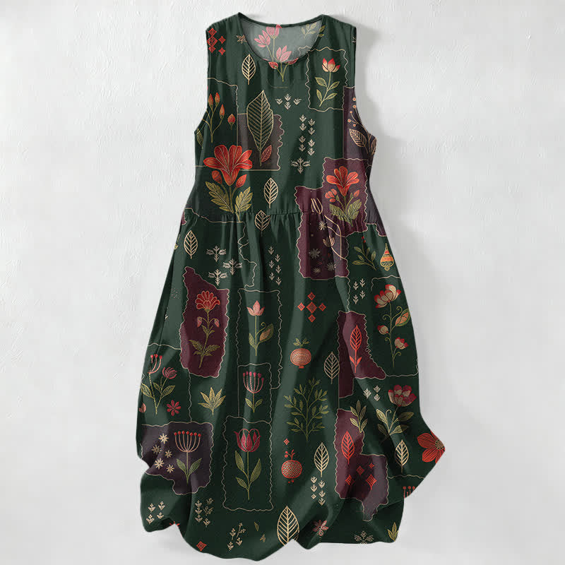 Buddha Stones Zomerse casual vintage zomerjurk voor dames met bloemen- en patchworkpatroon, Mouwloos Midi lengte en Zakken. - Donkergroen - US16, UK/AU20, EU48 (3XL) - image 0