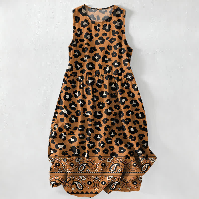 Buddha Stones Zomerse casual vintage luipaard- en paisleyprint Mouwloos Midi -jurk voor dames met Zakken - Peru - US16, UK/AU20, EU48 (3XL) - image 0