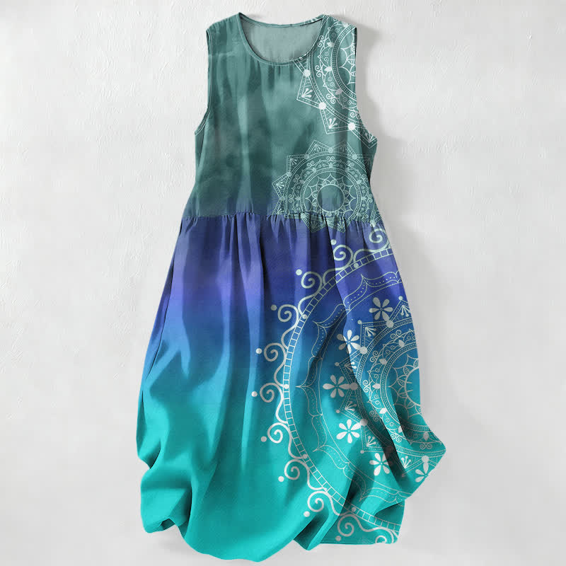 Buddha Stones Zomerse casual boho mandala ombre patroon Mouwloos Midi jurk voor dames met Zakken - Lichtzeegroen - US16, UK/AU20, EU48 (3XL) - image 0