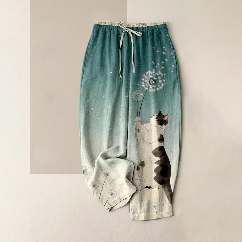 Buddha Stones Damesbroek van 100% Cotton met elastische Taille en Zakken , met een dromerig koeien-, katten- en paardenbloemmotief. - CadetBlue - US16, UK/AU20, EU48 (3XL) - image 0