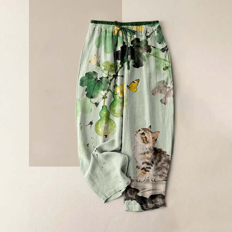 Buddha Stones Damesbroek met elastische Taille en Zakken , gemaakt van 100% Cotton met een gele print van pompoenranken, vlinders en katten. - Lichtgroen - US16, UK/AU20, EU48 (3XL) - image 0
