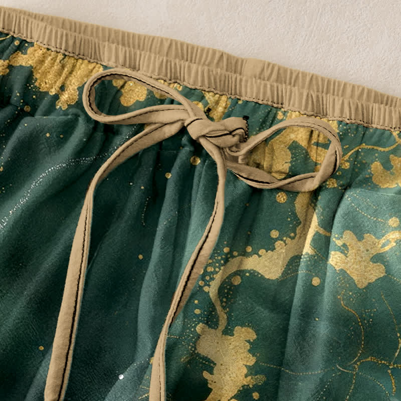 Buddha Stones Elegante witte 100% Cotton met kraanvogel- en goudkleurig patroon, elastische Taille en Zakken. - image 1