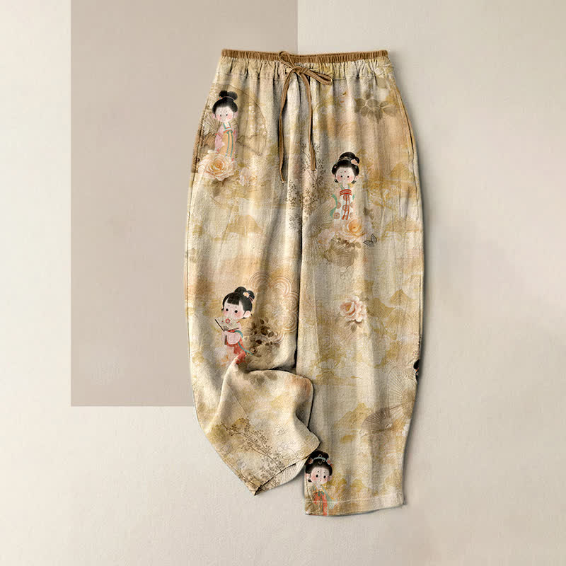 Buddha Stones Vintage 100% Cotton damesbroek met geisha-bloemenpatroon, elastische Taille en Zakken. - BurlyWood - US16, UK/AU20, EU48 (3XL) - image 0