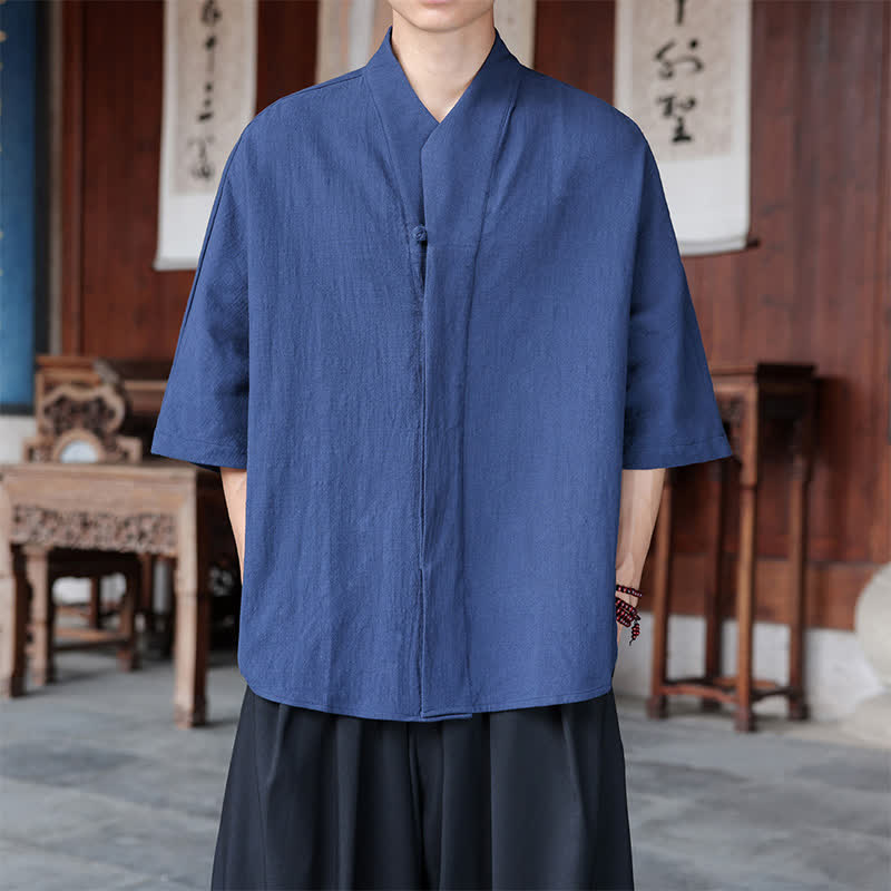 Buddha Stones Lente/Zomer Tang Stijl Minimalistische Pankou Effen Heren Overhemden tot de elleboog - Staalblauw - US/UK/AU46, EU56 (5XL) - image 0