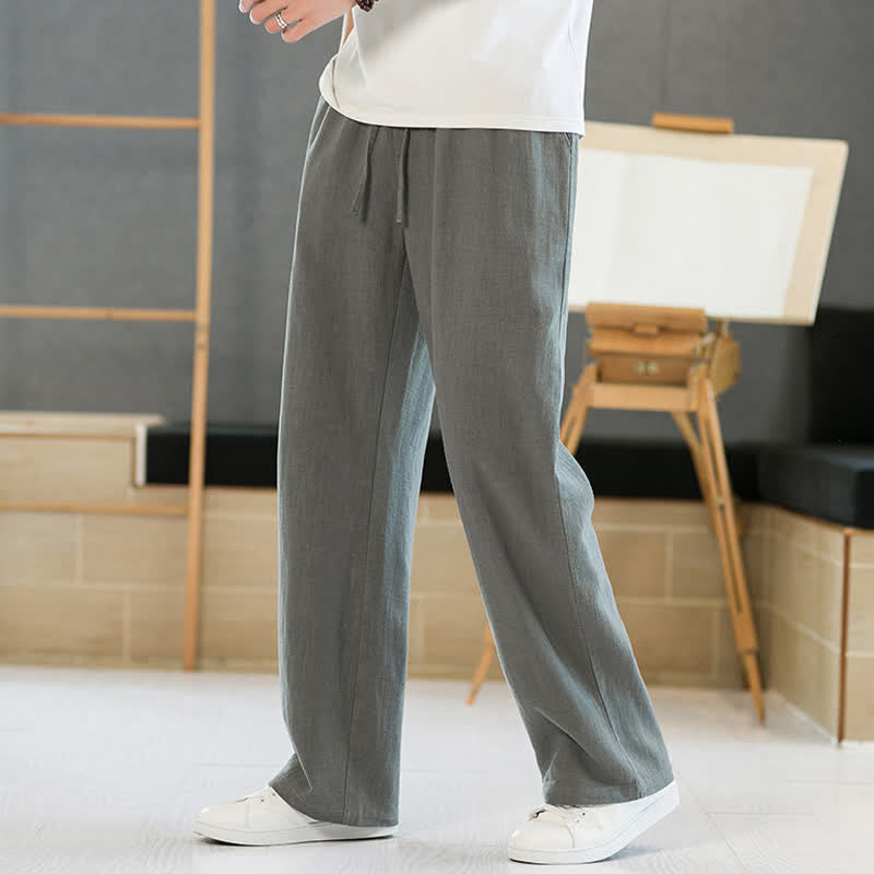 Buddha Stones Lente/Zomer Casual Minimalistische Lang Broek met Trekkoord en Zakken, Effen Kleur, Rechte Pijpen, Zakken - image 1