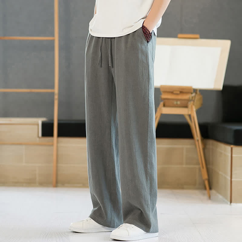 Buddha Stones Lente/Zomer Casual Minimalistische Lang Broek met Trekkoord en Zakken, Effen Kleur, Rechte Pijpen, Zakken - Grijs - US/UK/AU46, EU56 (5XL) - image 0