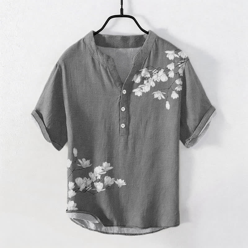 Buddha Stones Katoenen wit overhemd met bloemen- en takkenpatroon voor heren, Korte mouw en halfopen knoopsluiting. - Grijs - US/UK/AU50, EU60 (5XL) - image 0