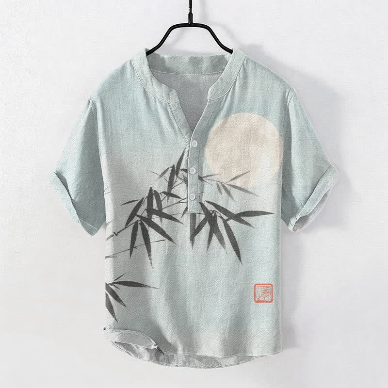 Buddha Stones Katoenen herenoverhemd met bamboeblad- en maanprint , Korte mouw en halve knoopsluiting. - AliceBlue - US/UK/AU50, EU60 (5XL) - image 0