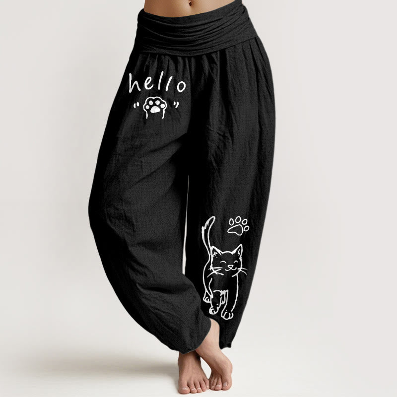 Buddha Stones Harembroek voor dames met elastische Taille en Hello Cat-pootafdruk van 100% Cotton - Zwart - US16, UK/AU20, EU48 (3XL) - image 0