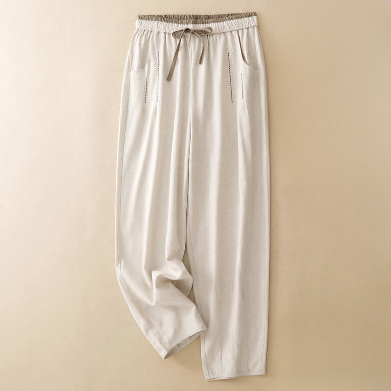 Buddha Stones Zomerse casual minimalistische Cropped broek met trekkoord en zakken, effen kleur, taps toelopende pijpen voor dames - Beige - US8-10, UK/AU12-14, EU40-42 (2XL) - image 0