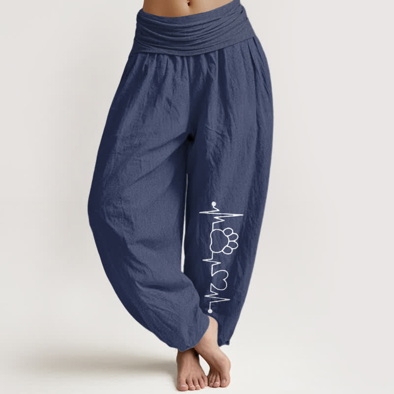 Buddha Stones Harembroek voor dames met elastische Taille en hartslag- en pootafdrukpatroon van 100% Cotton - Donker leisteenblauw - US16, UK/AU20, EU48 (3XL) - image 0
