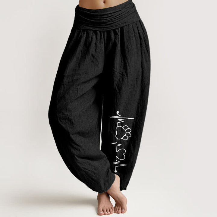 Buddha Stones Harembroek voor dames met elastische Taille en hartslag- en pootafdrukpatroon van 100% Cotton - Zwart - US16, UK/AU20, EU48 (3XL) - image 5