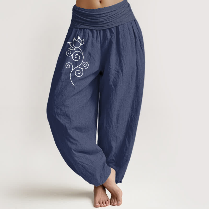 Buddha Stones Witte damesharembroek van 100% Cotton met lotusbloemenpatroon en elastische Taille . - Donker leisteenblauw - US16, UK/AU20, EU48 (3XL) - image 0