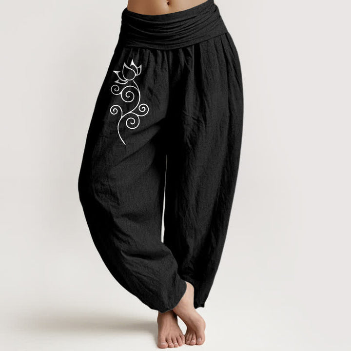 Buddha Stones Witte damesharembroek van 100% Cotton met lotusbloemenpatroon en elastische Taille . - Zwart - US16, UK/AU20, EU48 (3XL) - image 5