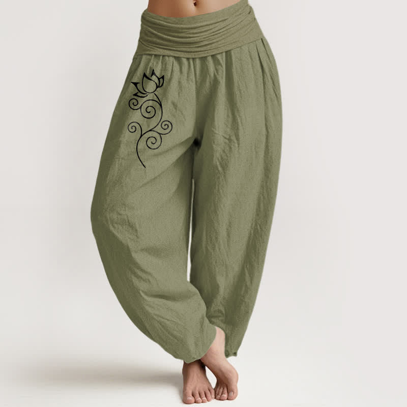 Buddha Stones Witte damesharembroek van 100% Cotton met lotusbloemenpatroon en elastische Taille . - Olijfgroen - US16, UK/AU20, EU48 (3XL) - image 14