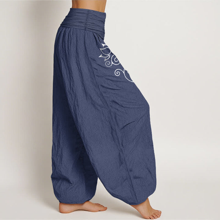 Buddha Stones Witte damesharembroek van 100% Cotton met lotusbloemenpatroon en elastische Taille . - image 1