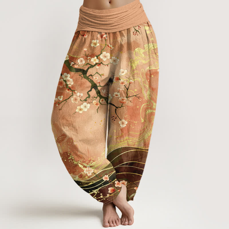 Buddha Stones Harembroek voor dames met elastische Taille , gemaakt van 100% Cotton met een Sakura-bloesemtakkenpatroon. - BurlyWood - US16, UK/AU20, EU48 (3XL) - image 0
