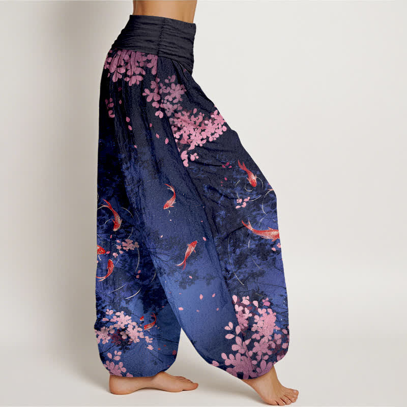 Buddha Stones Damesbroek van 100% Cotton katoen met elastische Taille en Zakken , met koi-vis- en sakura-patroon. - image 1