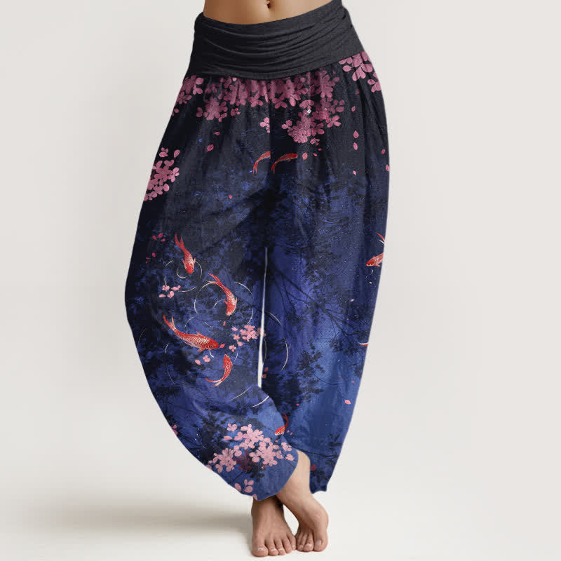 Buddha Stones Damesbroek van 100% Cotton katoen met elastische Taille en Zakken , met koi-vis- en sakura-patroon. - Marine - US16, UK/AU20, EU48 (3XL) - image 0