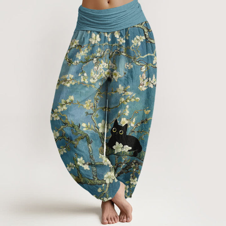 Buddha Stones Harembroek voor dames van 100% Cotton met botanisch bloesem- en kattenpatroon en elastische Taille . - CadetBlue - US16, UK/AU20, EU48 (3XL) - image 0